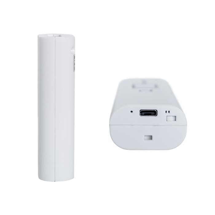 エフケイシステム QR対応 抗菌ワイヤレスバーコードリーダー BP-200C Plusの側面と底面のイメージ。底面にはUSB TypeCソケットと電源スイッチが付いている。