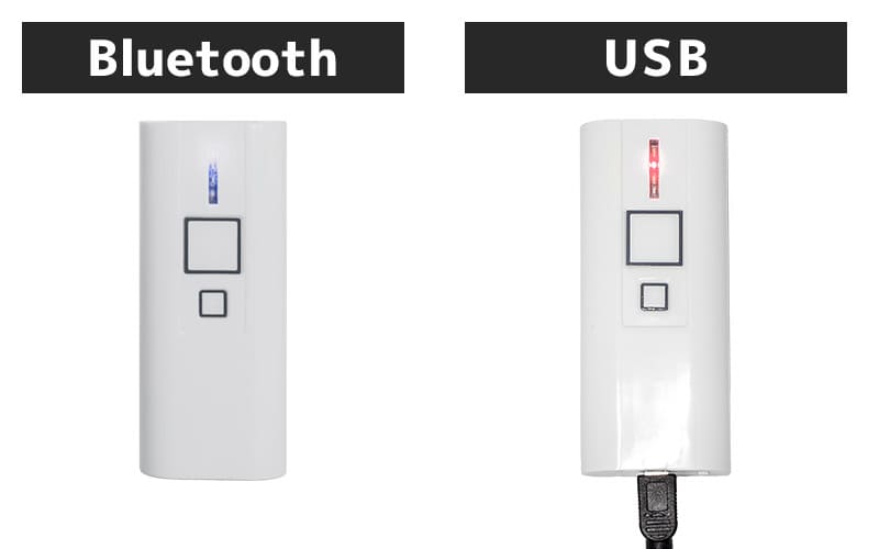 エフケイシステム QR対応 抗菌ワイヤレスバーコードリーダー BP-200C Plusのインジケーターのイメージ。Bluetooth接続時は青色、USB接続時は赤色のLEDが点灯している様子。