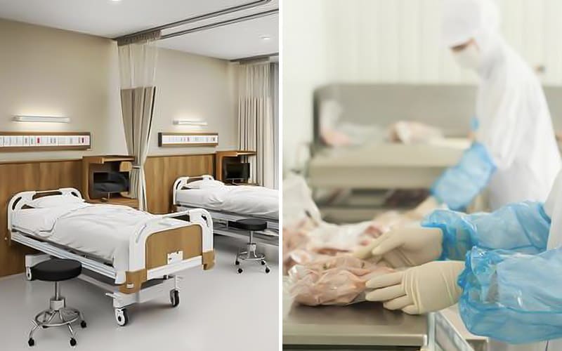 医療機関（病室）と食品加工工場のイメージ。エフケイシステムのバーコードリーダー BP-200C Plusの抗菌仕様の説明の補足イメージ。