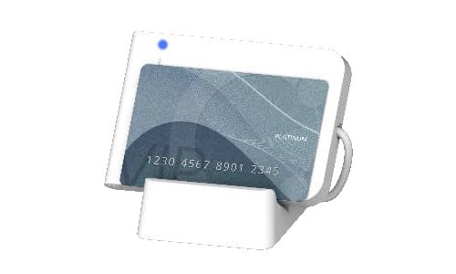 非接触式ICカードリーダー「CIR615A」をオプションのリーダースタンドに立て掛けた様子の画像