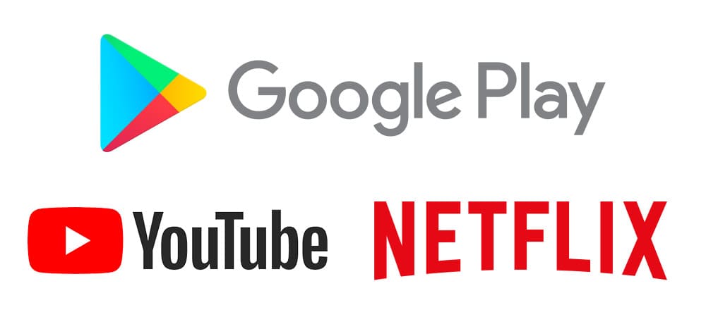 Google Play、YouTube、NETFLIXのロゴ画像。アタッシュケース型 AndroidタブレットPC PAP-270にGMSが搭載されていることに対する補足用イメージ。