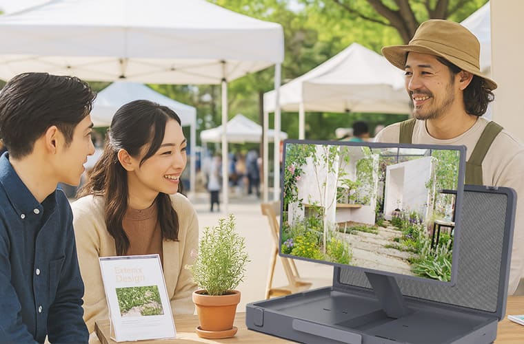 アタッシュケース型 AndroidタブレットPC PAP-270を、マルシェのブースでガーデン施工業者がプレゼン動画視聴に使用しているイメージ。