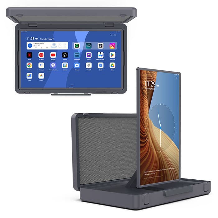 ブリーフケース型 AndroidタブレットPC PAP-270を開けて上から見たイメージと、モニターを回転させたイメージ