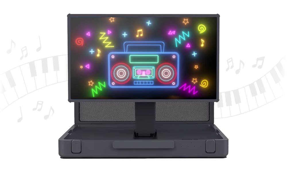 アタッシュケース型 AndroidタブレットPC PAP-270のサラウンドシステムのイメージ。重低音と高音域ツイーターの2WAY構成の高品質な音質での視聴体験を表現している。