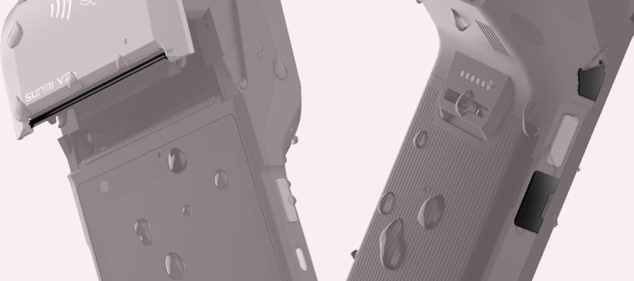 SUNMI V2s ハンディPOSターミナル ペーパービン・充電ポート・イヤホンポートのエッジのラバシールで水や油、泥などの混入防止