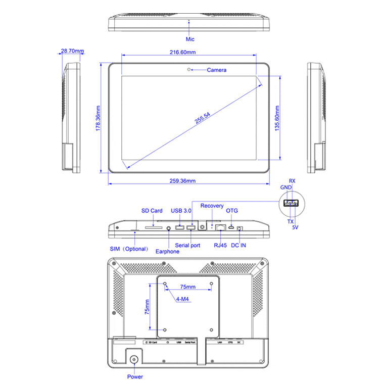 タッチパネルPC WAP-101の寸法図