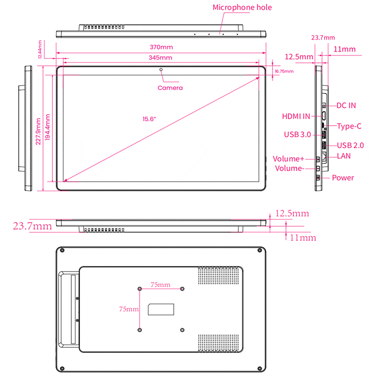 タッチパネルPC WAP-156 の外形寸法図