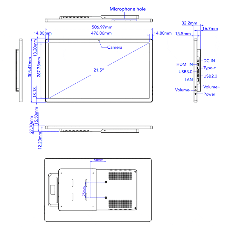タッチパネルPC WAP-215 の外形寸法図