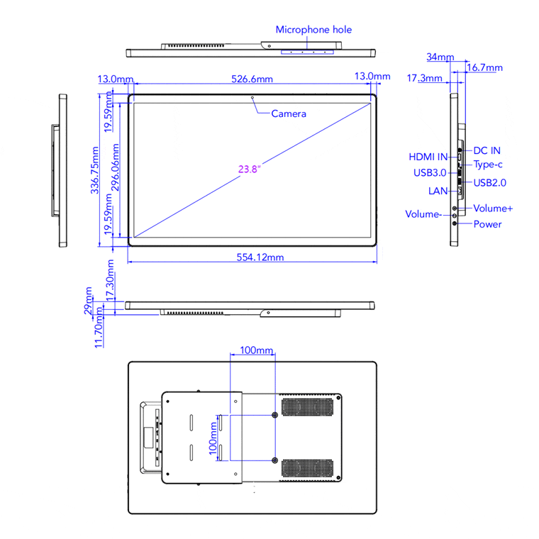 タッチパネルPC WAP-240 の外形寸法図