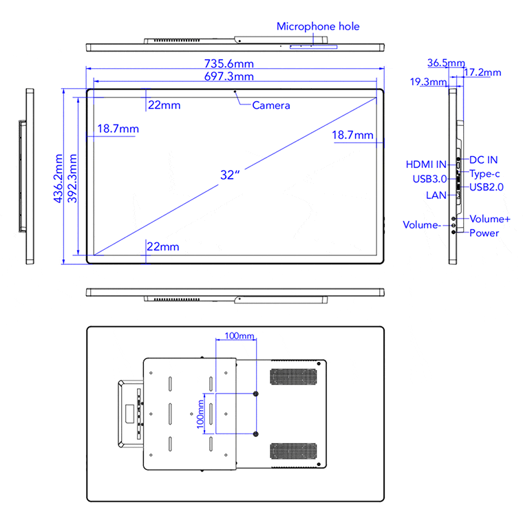 タッチパネルPC WAP-320 の外形寸法図