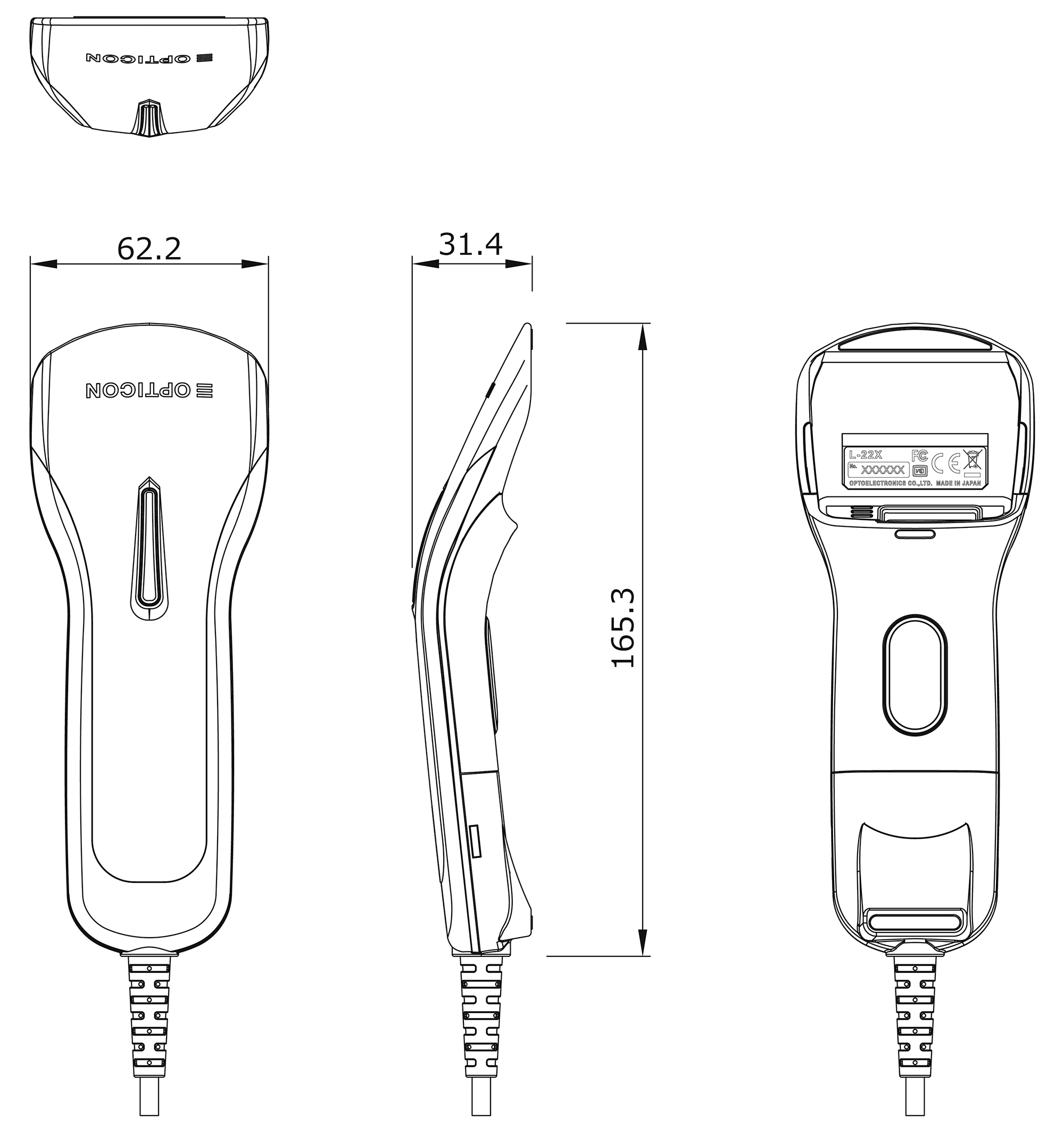 オプトエレクトロニクスのQR対応バーコードリーダー「L-22X」の外形寸法図