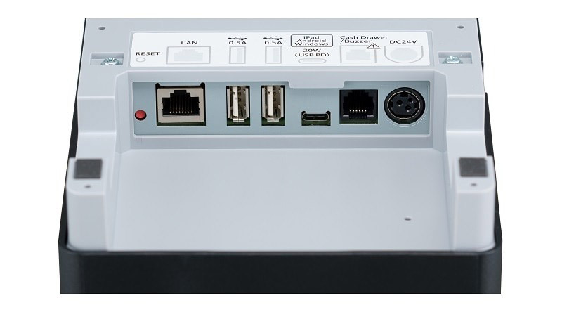 スター精密 ３インチ ラベルプリンター mC-Label3シリーズ（MCL32CI / MCL32CBI）のI/Oポートの画像。USB ホスト、USB Type-C、有線LAN、キャッシュドロアポートなど多彩なインターフェースが搭載されている。