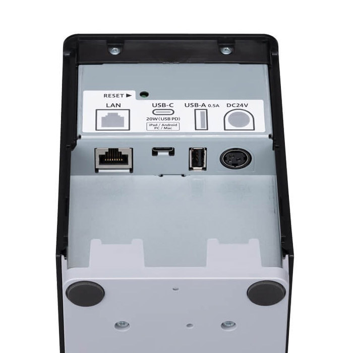 スター精密のサーマルラベルプリンターmC-Label2シリーズのI/Oポートのイメージ。イラストと名称ラベルが付いていてわかりやすくなっている。