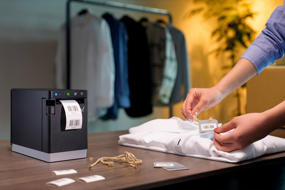 スター精密のサーマルラベルプリンターmC-Label2シリーズを使って、アパレル洋品店のカウンターで洋服のプライスタグ用のバーコードラベルを印刷しているイメージ。ワイヤレス対応で店頭に本体を移動させて印刷作業を行うことができている。