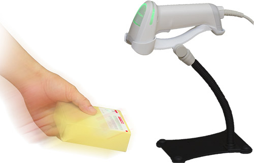 オプトエレクトロニクスのQR対応バーコードリーダー「L-46XS」を使ったホルダー固定読みのイメージ。高速移動体を使って表現している。